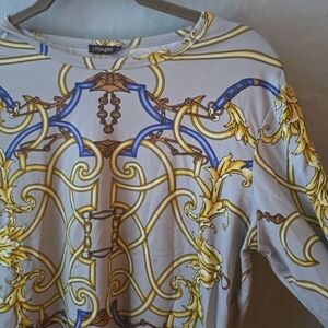 J. McLaughlin Decorative Ribbon Scroll Shirt Top Blouse Pale Blue Yellow sz M